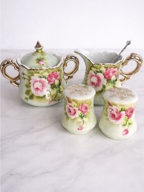 Vintage Lefton China Hand Painted Rose Gold Trim-Creamer+Sugar+Salt&Pepper+Spoon